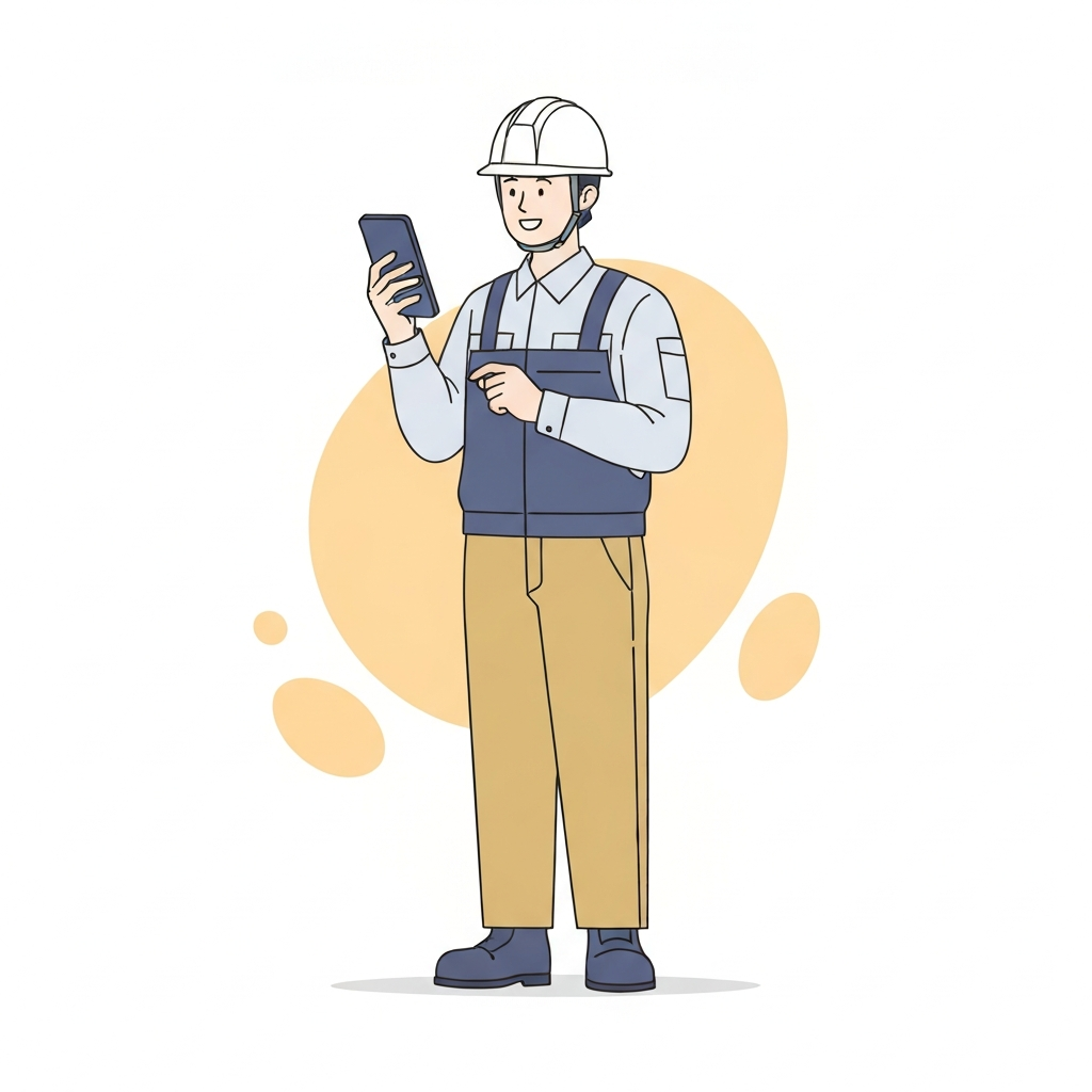 現場監督がスマートフォンでチャットを確認しているイラスト
