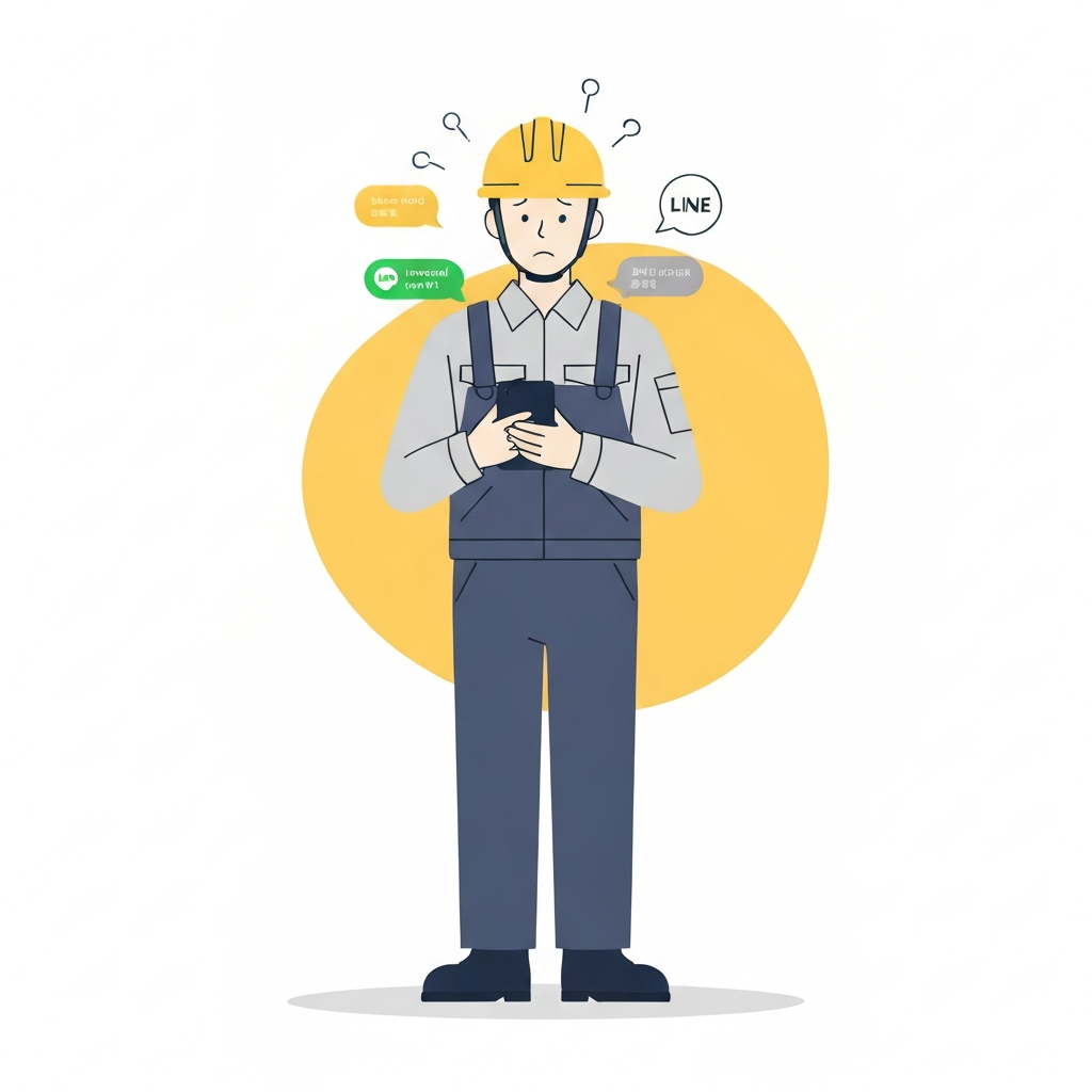 LINEに工事連絡が混在して困っているイラスト